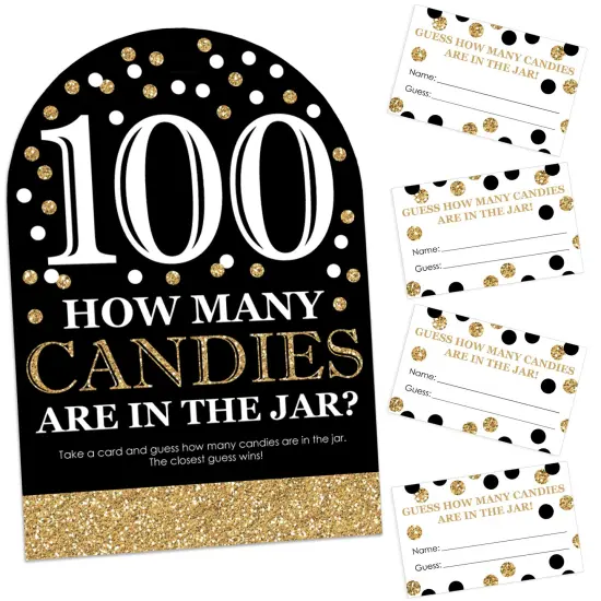 Big Dot of Happiness Adult 100th Birthday - Gold - How Many Candies Birthday Party Game - 1 Stand and 40 Cards - Candy Guessing Game {1}
