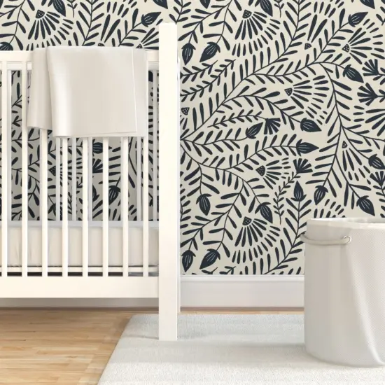 Pre-Pasted Wallpaper 2FT Wide Folk Vines Floral Beige Deep Navy Simple Nature Botanical Farmhouse Custom Pre-pasted Wallpaper by Spoonflower {7}