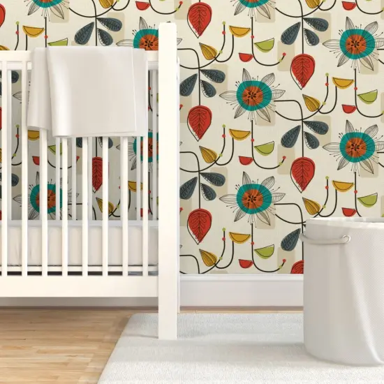 Pre-Pasted Wallpaper 2FT Wide Mid Century Retro Floral Block Colour Cream Beige Geometric Shapes Atomic Age Custom Pre-pasted Wallpaper by Spoonflower {7}