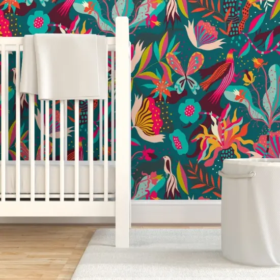 Pre-Pasted Wallpaper 2FT Wide Tropical Blooms Bright Flowers Bloom Wallpaper Tropical Midnight Exotic Rainforest Abundance Layered Adventure Surrealism Depth Palmtree Birds Custom Pre-pasted Wallpaper by Spoonflower {7}