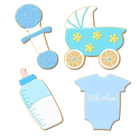 CookieCutter.Com Baby Shower Cookie Cutter 4 Pc Set - 5 in Bottle, 4.25 in Rattle,4 in Body Suit, 4 in Carriage - USA Made Tin Plate Steel {3}