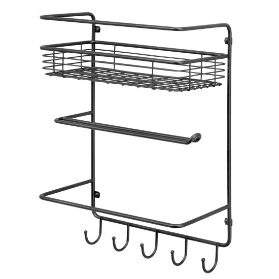 mDesign Metal Wall Mount Paper Towel Holder with Storage Shelf & Hooks {5}