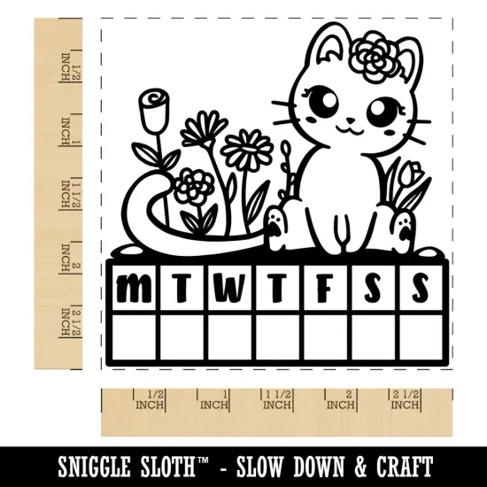 Weekly Habit Tracker Cat and Flowers Monday Start Square Rubber Stamp for Stamping Crafting {1}