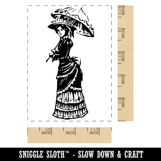 Pensive Victorian Woman Standing with Parasol Umbrella in Hand Rectangle Rubber Stamp for Stamping Crafting {1}