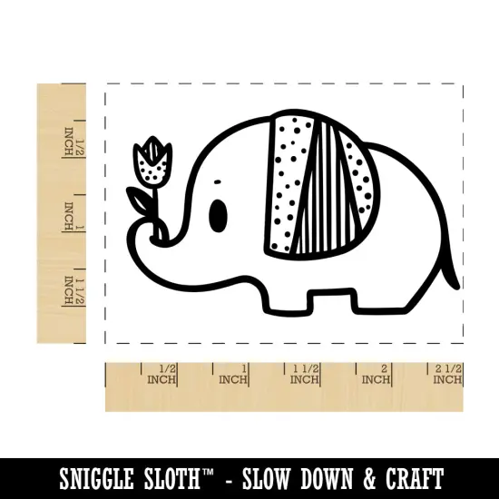Baby Elephant Holding Tulip Rectangle Rubber Stamp for Stamping Crafting {1}