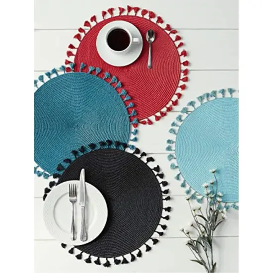DII Teal Tassel Fringe Pp Woven Round Placemat Set of 6 {6}