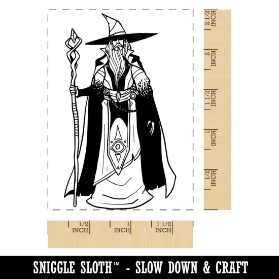 Old Wizard Mage with Cape and Staff Rectangle Rubber Stamp for Stamping Crafting {1}