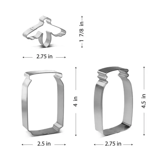 CookieCutter.Com Mason Honey Jars and Bee Cookie Cutter 3 Pc Set HS0463 with Sugar Cookie Recipe Card. USA Made {2}