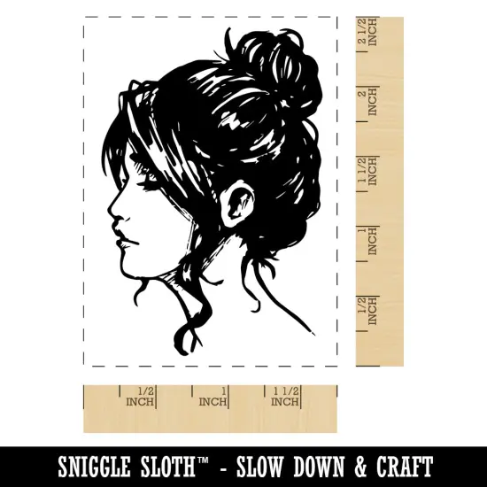 Young Woman Girl with Messy Bun Hairstyle Rectangle Rubber Stamp for Stamping Crafting {1}