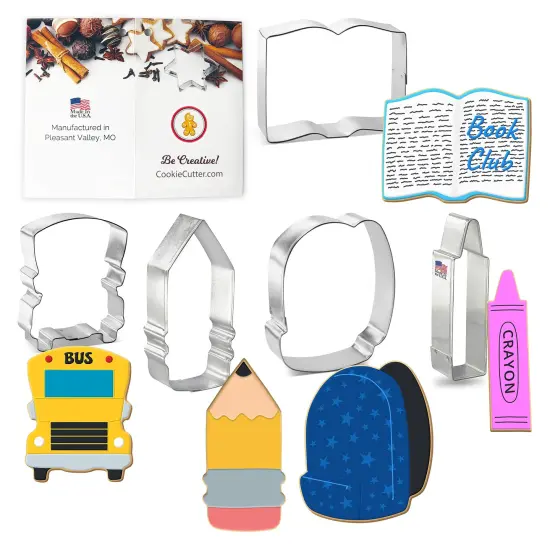 CookieCutter.Com Cookie Cutters 5 Piece Back to School Set 3.75 in Book, 4 in Backpack, 3.5 in School Bus, 4.25 in Crayon, 4.5 in Pencil, USA Made {1}