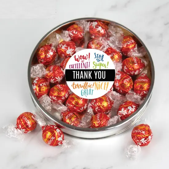 Thank You Candy Gift Tin with Red Chocolate Lindor Truffles by Lindt Large Plastic Tin with Sticker - By Just Candy {1}
