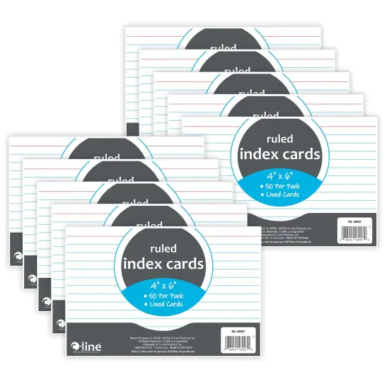 Index Cards, 4" x 6", White, Ruled, 50 Per Pack, 10 Packs {1}