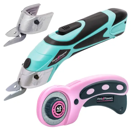 Pink Power 4V Aqua Splash Cordless Electric Rechargeable Fabric Scissors w/ Pink Rotary Cutter {1}