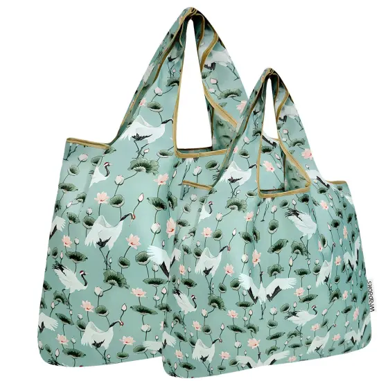 Wrapables Large & Small Foldable Tote Nylon Reusable Grocery Bags, Set of 2, Lotus Cranes {1}