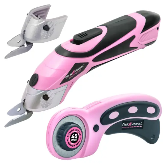 Pink Power 4V Pink Cordless Electric Rechargeable Fabric Scissors w/ Rotary Cutter {1}