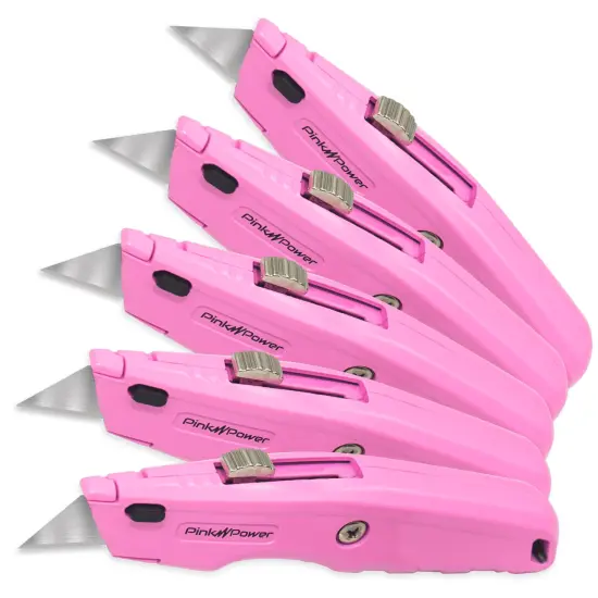 Pink Power Pink Box Cutter Retractable, Pink Utility Knife for Carpet, Box Cutter Knife Heavy Duty with 3 Blades and Storage Compartment - Box Opener Pocket Utility Pink Knife Tools for Women - 5 Pack {1}