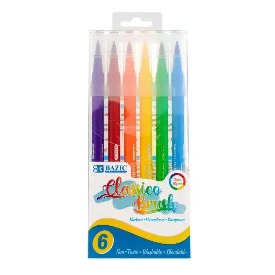 Washable Brush Markers, Classic Colors, 6 Per Pack, 12 Packs {2}
