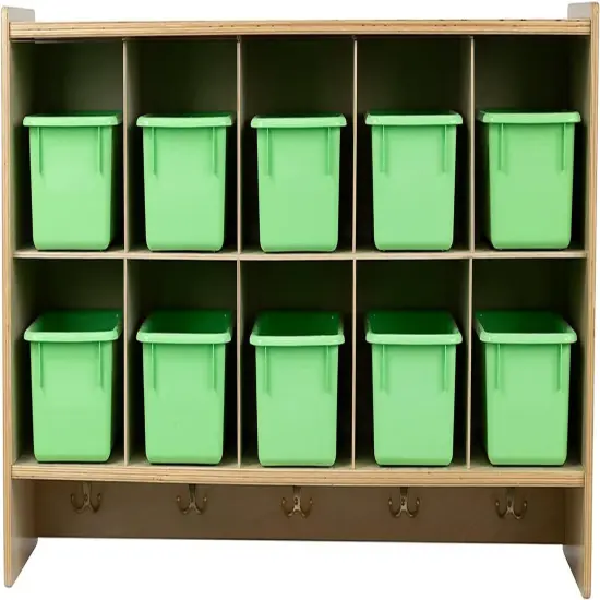 Cubby Storage Organizer Cubes, 10 Cubbies with Coat Hooks, Hanging Wall Cubby Shelf for Kids Toys, Daycare, Classroom, 47-Inch Width Lime Green {1}