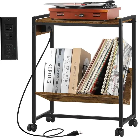 Record Player Holder Stand End Table with Vinyl Storage Brown {1}