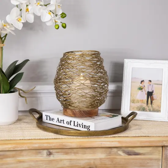 Northlight Medium Woven Iron Votive Candle Holder with Wooden Base - 8.5" - Brass Finish Gold {4}