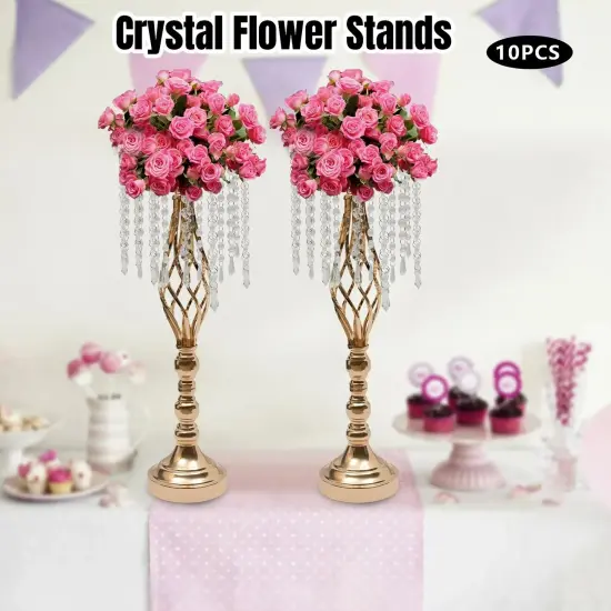 10Pcs Crystal Flower Stands Vases 55cm Wedding Centerpieces Dining Table Gold {3}