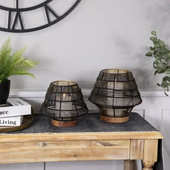 Northlight Small Woven Iron Pillar Candle Holder with Wooden Base - 7.25" - Black {4}