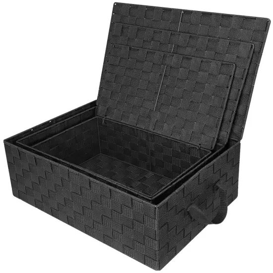 Sorbus 3 Pack Decorative Stackable Woven Basket with Lid and Built-in Rope Carry Handles - Great for Storage and Organization (Black) {2}