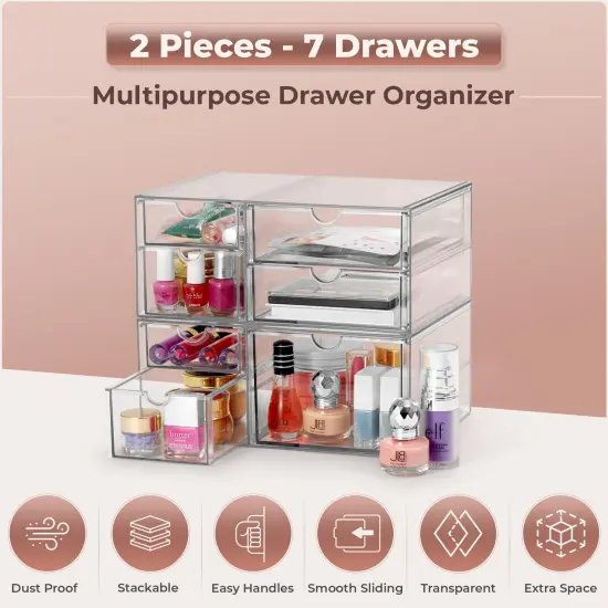 Sorbus 7 Drawers Acrylic Organizer for Makeup, Organization and Storage, Art Supplies, Jewelry, Stationary - 2 Pcs Clear Stackable Storage Drawers {5}