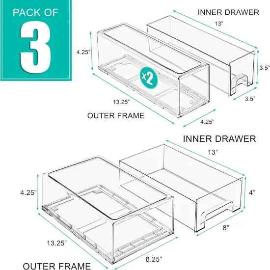 Sorbus 3 Piece (2 Small & 1 Medium) Clear Stackable Pull-Out Drawers - Organization and Storage Containers for Kitchen, Pantry, Bathroom and More {3}