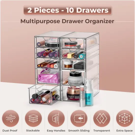 Sorbus 10 Drawers Acrylic Organizer for Makeup, Organization and Storage, Art Supplies, Jewelry, Stationary - 2 Pcs Clear Stackable Storage Drawers {5}