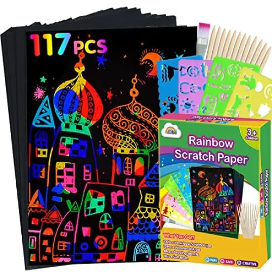117 Pieces Rainbow Scratch Paper Kit: Magic Art Craft Stuff Supplies Black Drawing Pad for Age 3-12 Kids Children Girl Boy DIY Toy Activity Educational|Party Faver|Christmas Birthday Gifts {2}