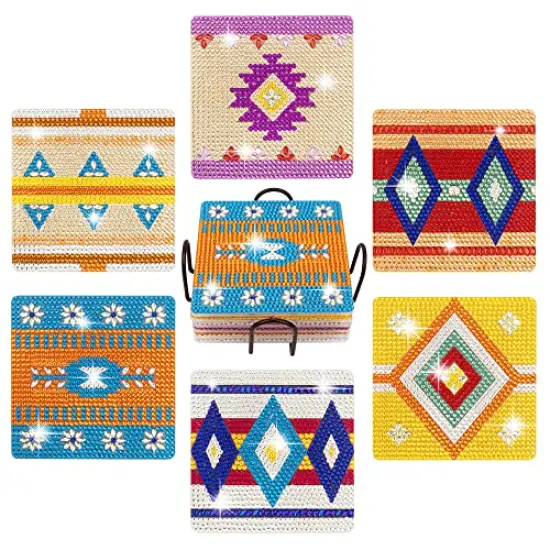 6 Pcs Diamond Painting Coasters with Holder - DIY Boho Coasters, Small Diamond Painting Kits for Beginners, Adults, and Kids, Diamond Art Craft Supplies {1}