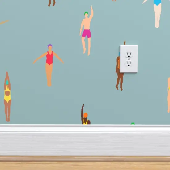 Peel & Stick Wallpaper 2FT Wide Swimmers Blue Vintage Water Holiday Summer Ocean Custom Removable Wallpaper by Spoonflower {4}