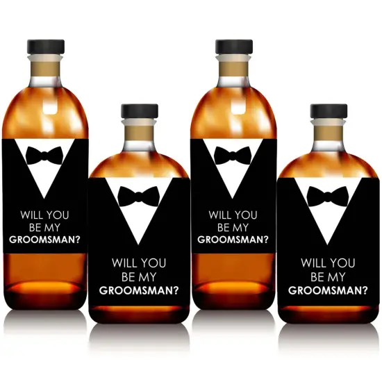 Big Dot of Happiness Suit Up - Will You Be My Groomsman Gift for Men - Whiskey or Wine Bottle Label Stickers - Set of 4 {1}