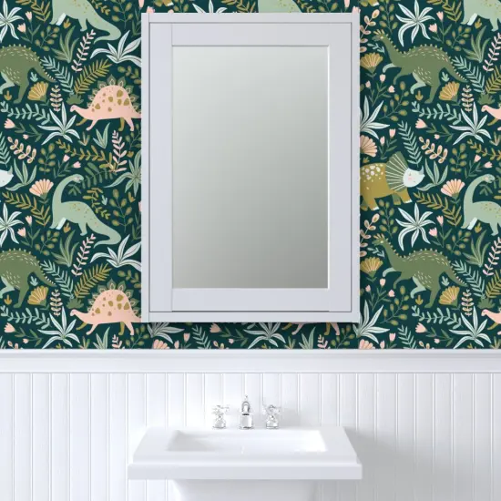 Peel & Stick Wallpaper 2FT Wide Botanical Dinosaurs Green Pink Animals Jurassic Kids Children Prehistoric Custom Removable Wallpaper by Spoonflower {6}