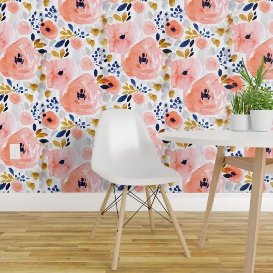 Peel & Stick Wallpaper 2FT Wide Peachy Pink Floral Roses Romantic Navy Mustard Gold Watercolor Blush Coral Custom Removable Wallpaper by Spoonflower {1}