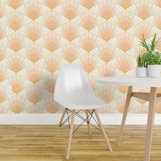 Peel & Stick Wallpaper 2FT Wide Deco Sunrise Scale Apricot Shaw Pink White Retro Gold Geometric Neutral Custom Removable Wallpaper by Spoonflower {1}