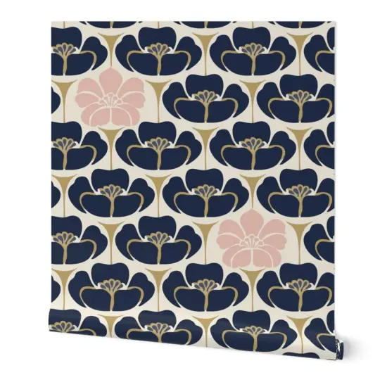 Peel & Stick Wallpaper 2FT Wide Flowers Art Deco 1920S Floral Navy Indigo Gold Blue Dress Fashion Pink Cream Custom Removable Wallpaper by Spoonflower {7}
