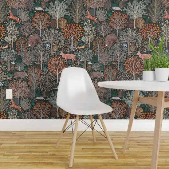 Pre-Pasted Wallpaper 2FT Wide Rustic Woodland Whimsical Forest Animals Deer Wolf Birds Trees Woods Nature Fall Autumn Leaves Custom Pre-pasted Wallpaper by Spoonflower {1}