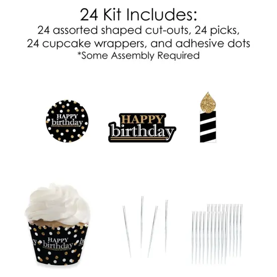 Big Dot of Happiness Adult Happy Birthday - Gold - Cupcake Decoration - Birthday Party Cupcake Wrappers and Treat Picks Kit - Set of 24 {6}