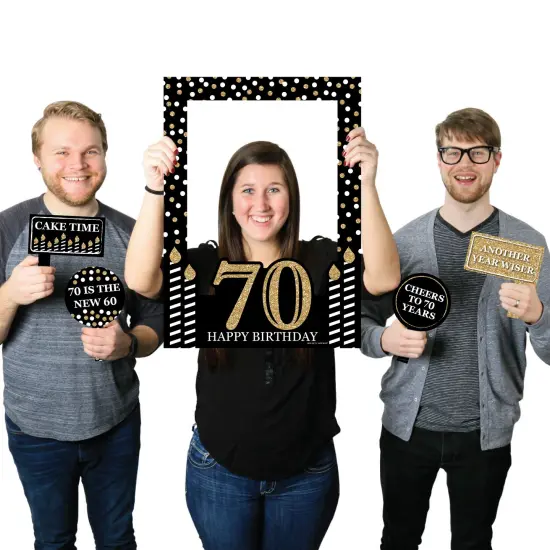 Big Dot of Happiness Adult 70th Birthday - Gold - Birthday Party Selfie Photo Booth Picture Frame & Props - Printed on Sturdy Material {1}