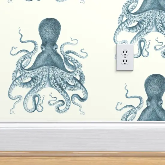 Peel & Stick Wallpaper 2FT Wide Octopus Sea Illustration Vintage Squid Nautical Coastal Ocean Beach Custom Removable Wallpaper by Spoonflower {4}