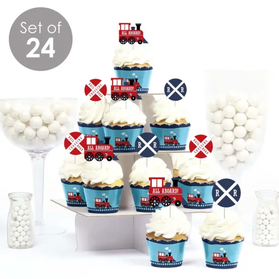 Big Dot of Happiness Railroad Party Crossing - Cupcake Decoration - Steam Train Party Cupcake Wrappers and Treat Picks Kit - Set of 24 {3}