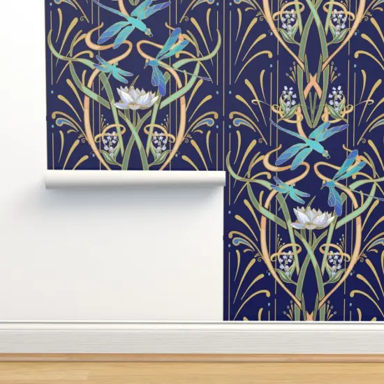 Peel & Stick Wallpaper 2FT Wide Bold Art Nouveau Large Scale Dragonflies Aqua Lotus Lily Of The Valley Water Garden Custom Removable Wallpaper by Spoonflower {2}