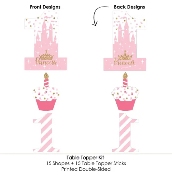 Big Dot of Happiness 1st Birthday Little Princess Crown - Pink and Gold Princess First Birthday Party Centerpiece Sticks - Table Toppers - Set of 15 {6}