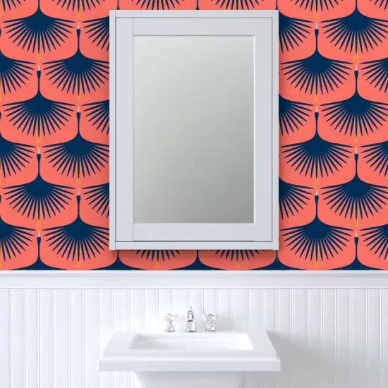 Peel & Stick Wallpaper 2FT Wide Navy Swan Flying Birds Cranes Art Deco Coral And Custom Removable Wallpaper by Spoonflower {6}
