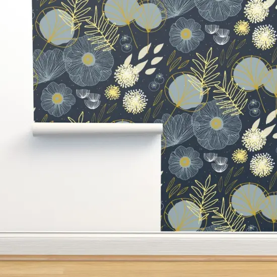 Pre-Pasted Wallpaper 2FT Wide Mod Firefly Botanical Blooms Night Garden Dark Meadow Midcentury Modern Custom Pre-pasted Wallpaper by Spoonflower {2}