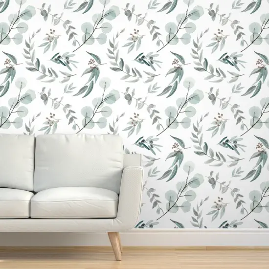 Pre-Pasted Wallpaper 2FT Wide Painted Eucalyptus Australian Flora Botanical Garden Watercolor Nature Leaf Custom Pre-pasted Wallpaper by Spoonflower {5}