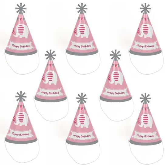 Big Dot of Happiness Pink Elephant - Cone Happy Birthday Party Hats for Kids and Adults - Set of 8 (Standard Size) {7}