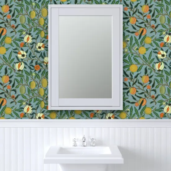 Pre-Pasted Wallpaper 2FT Wide Victorian Fruit Antique Trees Oranges Pomegranate Morris Inspired Custom Pre-pasted Wallpaper by Spoonflower {6}